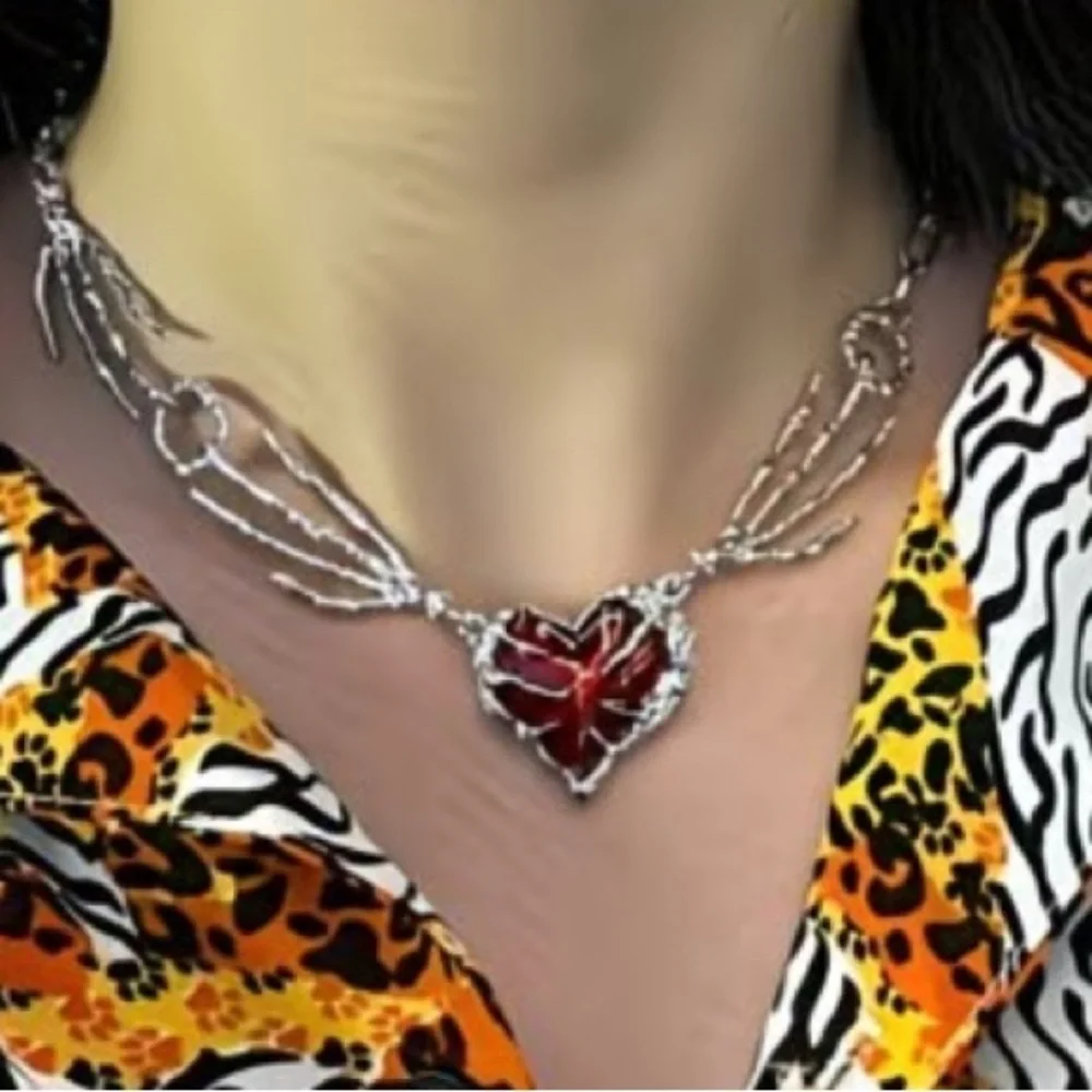 Silver and Red Heart  skeleton hand Necklace